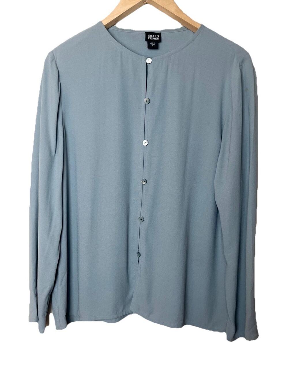 Eileen Fisher 100% Silk Blouse Sz Small Slate Blue Long Sleeve Button Front